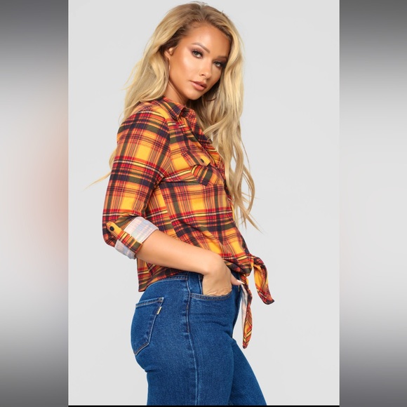 Fashion Nova Mustard Plaid Tie Knot Button Up Top - Picture 2 of 13